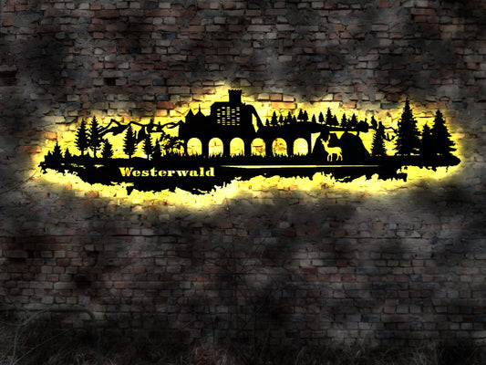 LED Skyline Westerwald Wandbild Holz Stadt AK Karte  Leuchtbild Schild Bild  Wandtattoo Reiseführer Silhouette