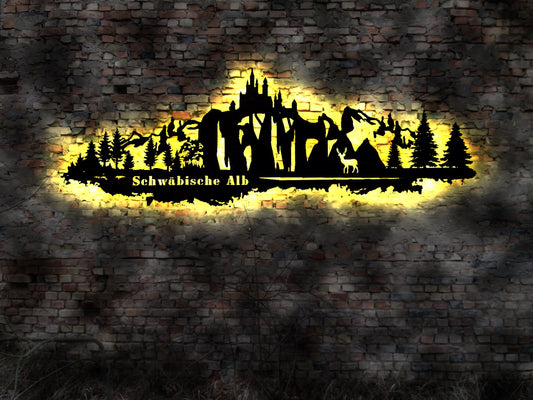 LED Skyline Schwäbische Alb Alp Wandbild Holz Stadt AK Karte  Leuchtbild Schild Bild  Wandtattoo Reiseführer Silhouette