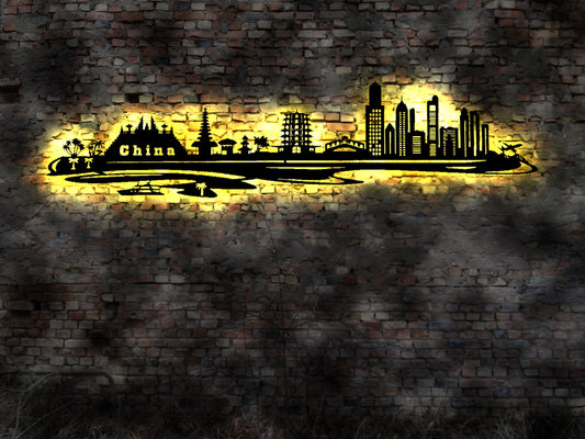 Skyline China LED Wandbild Holz Stadt AK Karte Map Stadtplan Wandsticker Leuchtbild Neonreklame Wandtattoo Reiseführer Silhouette