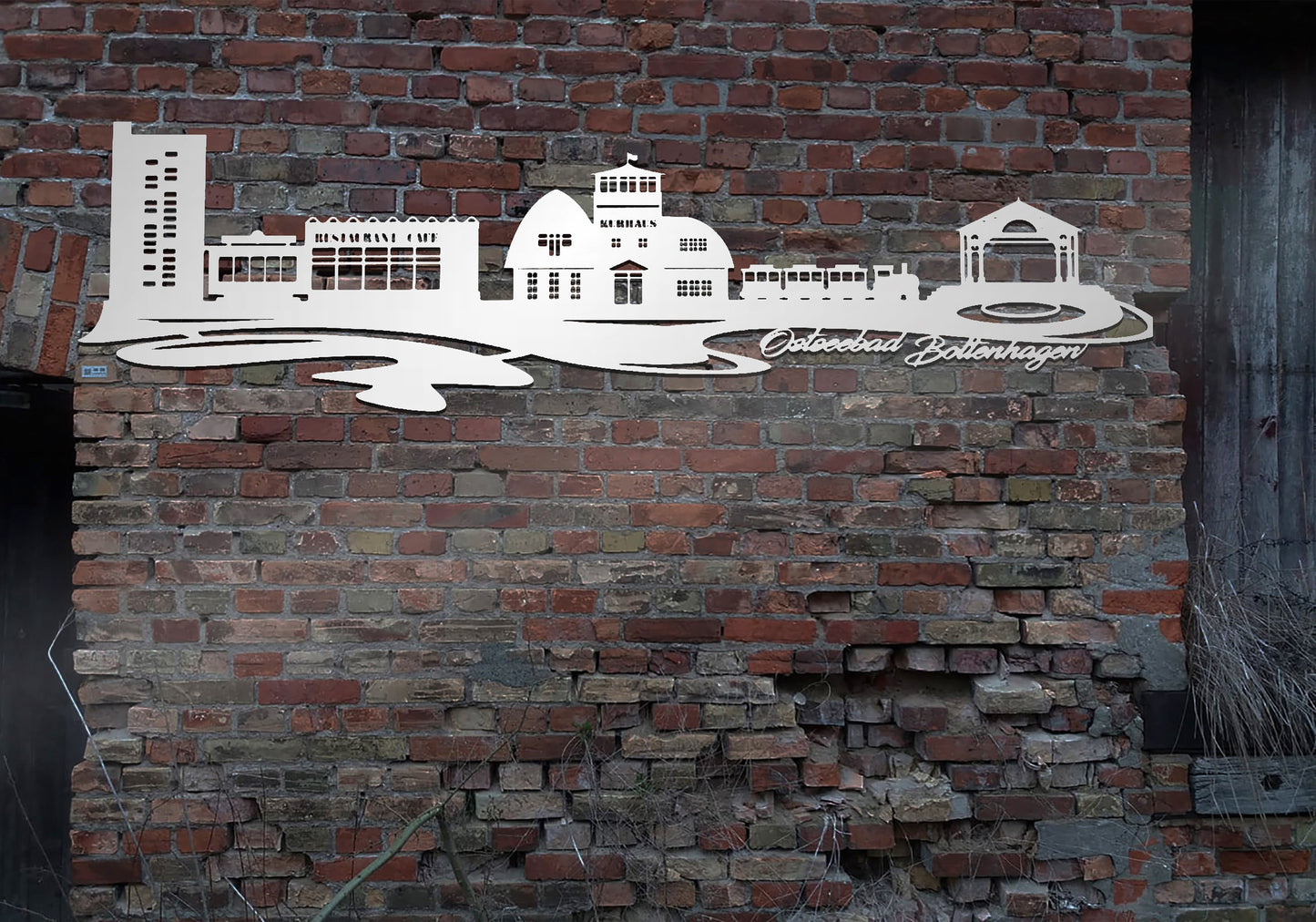 Skyline Metall Boltenhagen Schild Stahl rostfrei Metallkunst Schild Cortenstahl rostend rostig verrostet Corten