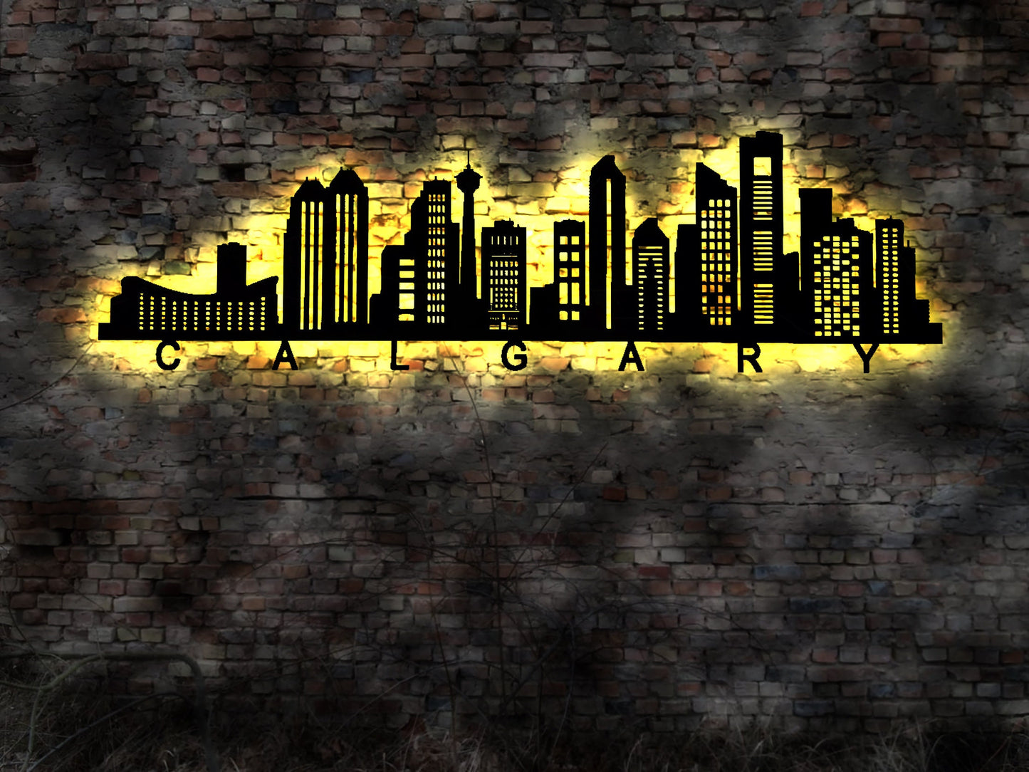 Skyline Calgary Canada LED Wandbild   Holz Stadt AK Karte Map Stadtplan Wandsticker Leuchtbild Neonreklame Wandtattoo Reiseführer Silhouette