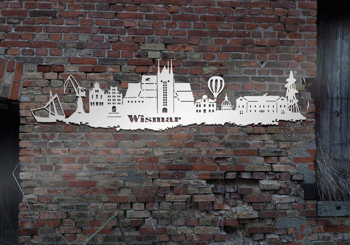 Skyline Metall Wismar Hafen Schild Stahl rostfrei Metallkunst Schild Cortenstahl rostend rostig verrostet Corten