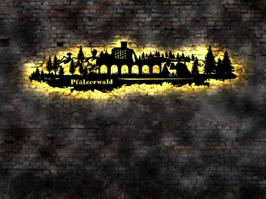 LED Skyline Pfälzerwald Wandbild Holz Stadt AK Karte  Leuchtbild Schild Bild  Wandtattoo Reiseführer Silhouette