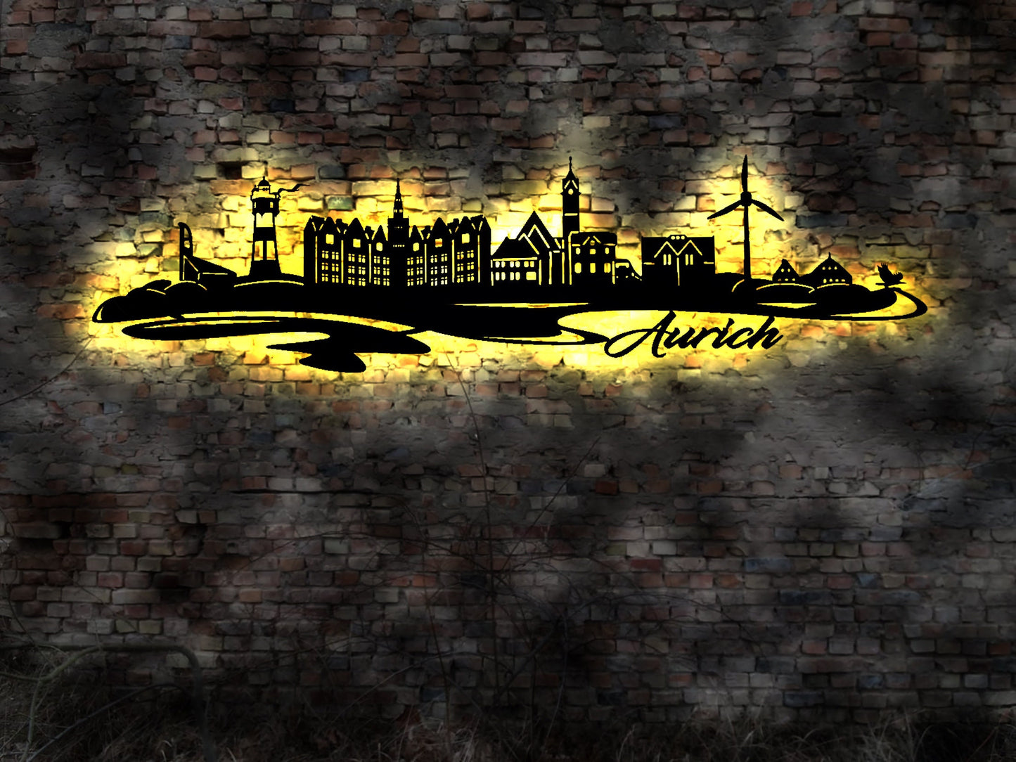 Skyline Aurich Stadt  LED Wandbild   Holz Stadt AK Karte Map Stadtplan Wandsticker Leuchtbild Wandtattoo Reiseführer Silhouette