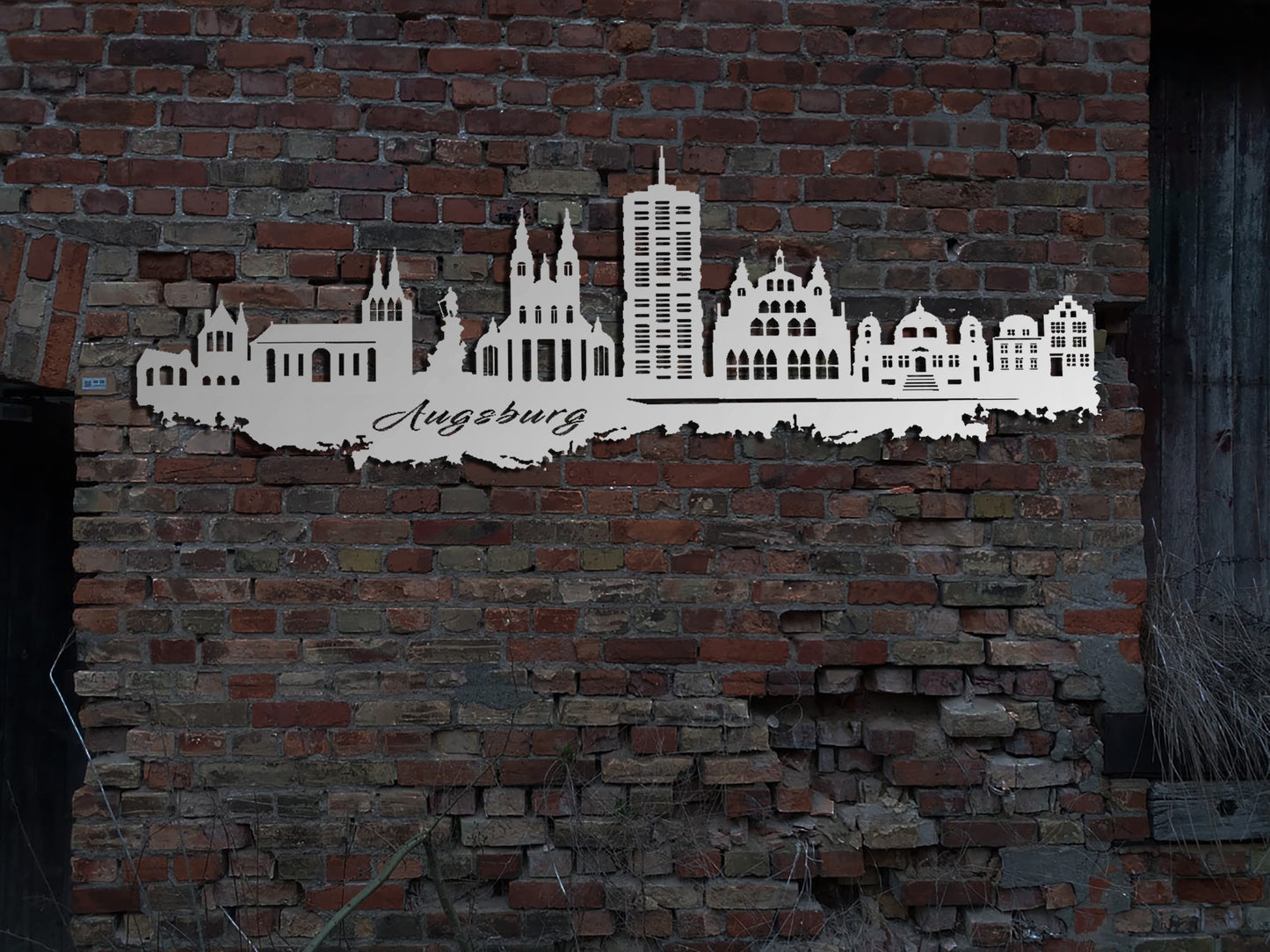 Skyline Metall Augsburg Schild Stahl rostfrei Metallkunst Schild Cortenstahl rostend rostig verrostet Corten
