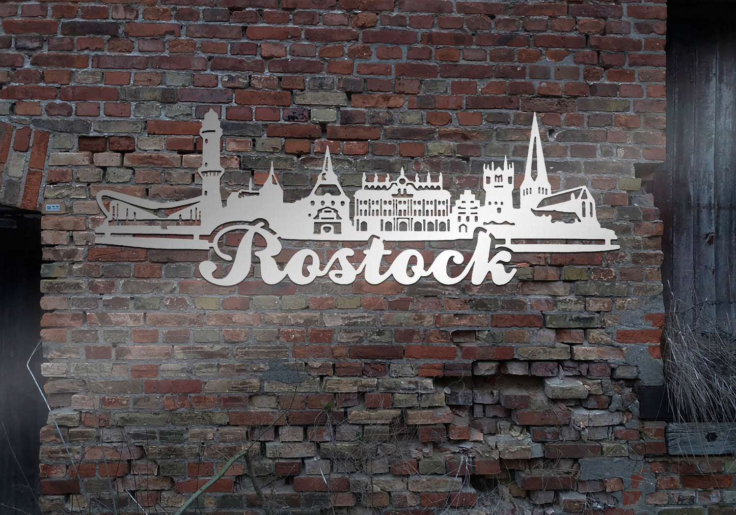 Skyline Metall Rostock Hafen Schild Stahl rostfrei Metallkunst Schild Cortenstahl rostend rostig verrostet Corten