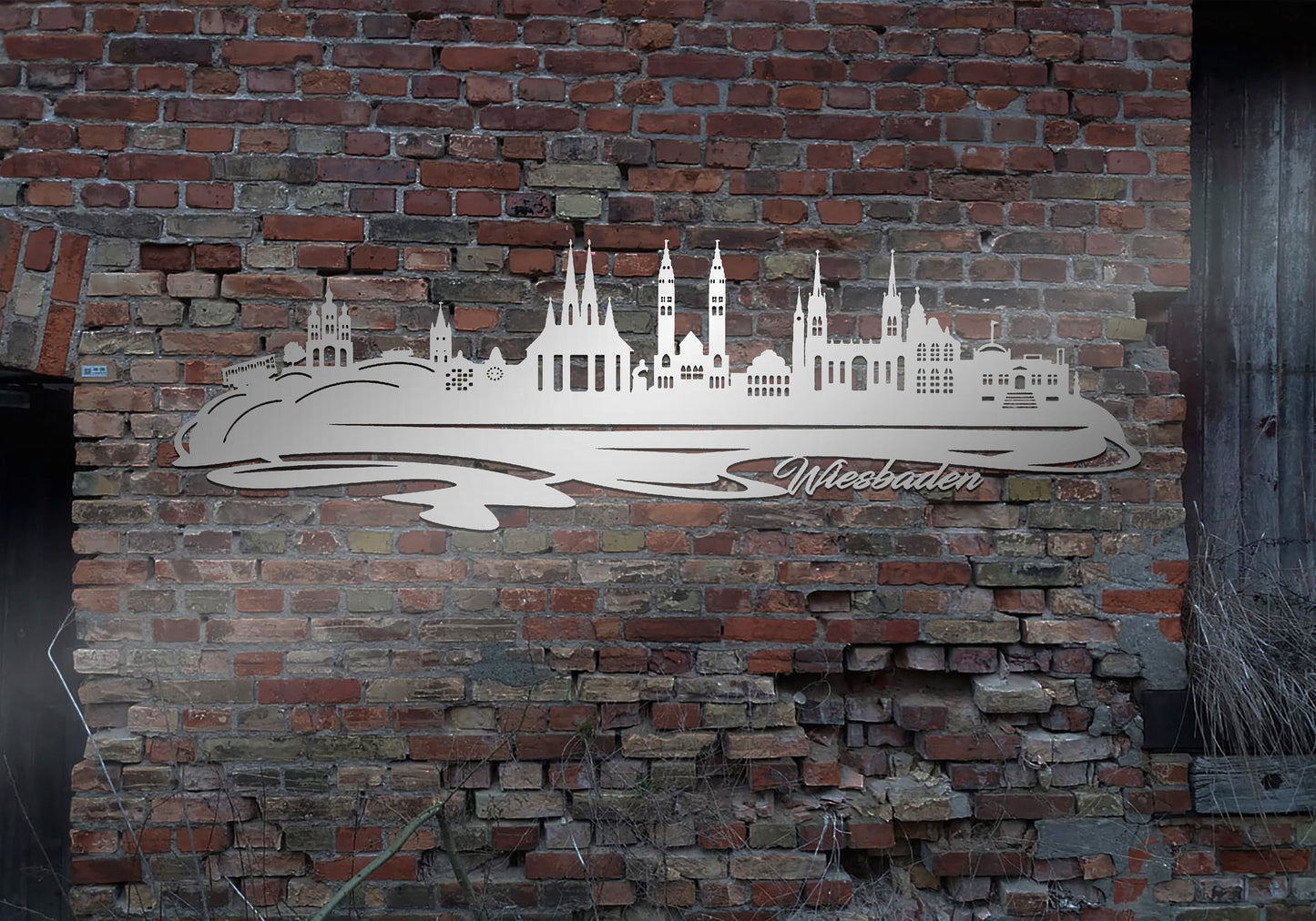 Skyline Metall Wiesbaden Schild Stahl rostfrei Metallkunst Schild Cortenstahl rostend rostig verrostet Corten