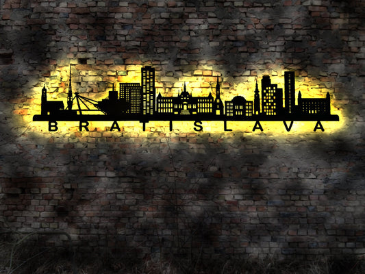 Skyline Bratislava Slowakei LED Wandbild   Holz Stadt AK Karte Map Stadtplan Wandsticker Leuchtbild  Wandtattoo Reiseführer Silhouette