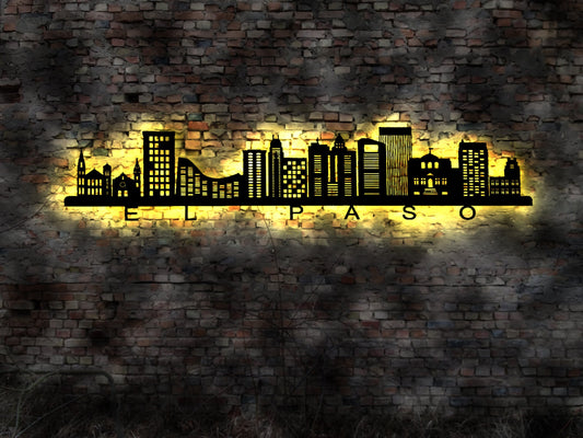 Skyline El Paso LED Wandbild Holz Stadt AK Karte Map Stadtplan Wandsticker Leuchtbild Neonreklame Wandtattoo  Silhouette