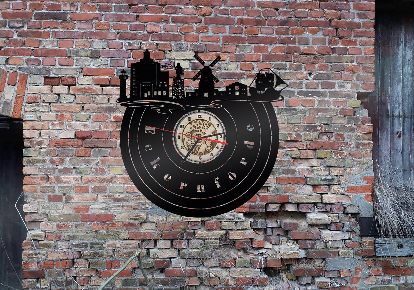 Uhr Stadt Eckernförde LED Wandbild Holz Wandtattoo Silhouette