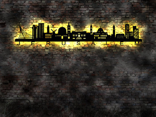 Skyline Jerusalem Israel LED Wandbild   Holz Stadt AK Karte Map Stadtplan Wandsticker Leuchtbild  Wandtattoo Reiseführer Silhouette