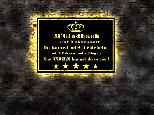 Leuchtschild Leuchtreklame Schild AK Neonreklame Blechschild M' Gladbach  Fan Stadt Skyline