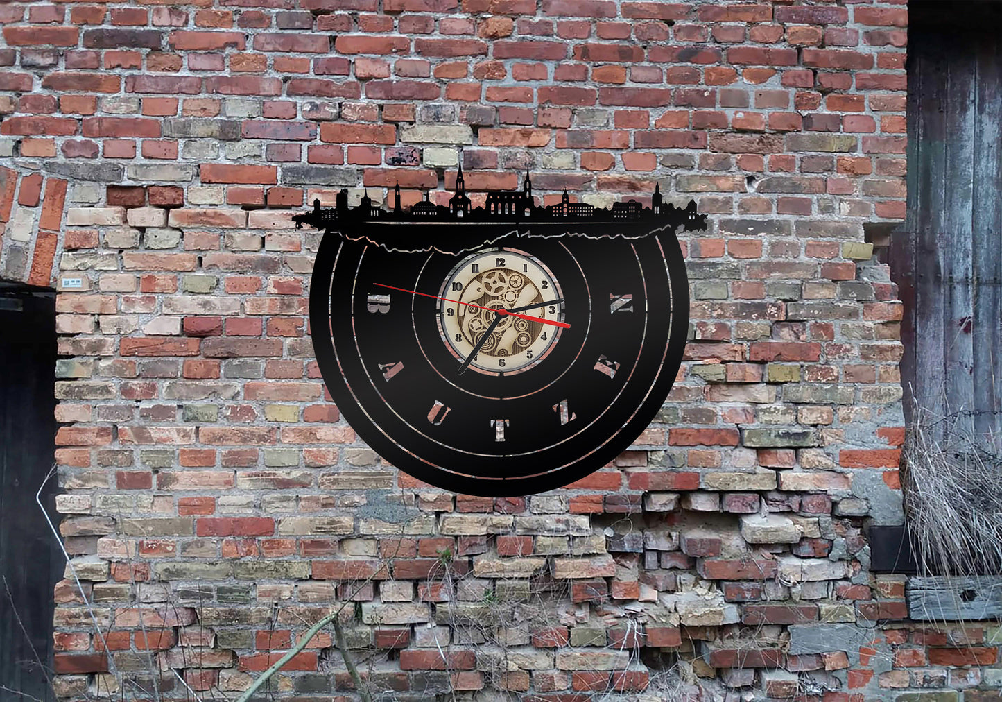 Uhr Stadt Bautzen LED Wandbild Holz Wandtattoo Silhouette