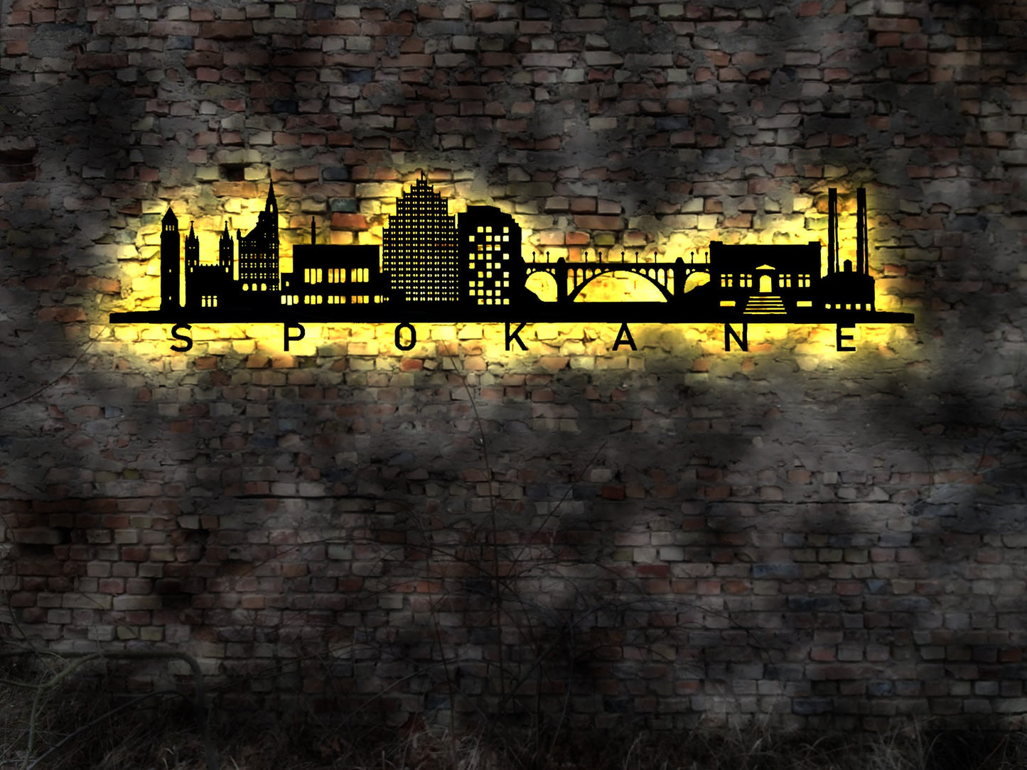 Skyline Spokane Stadt LED Wandbild Holz Stadt AK Karte Map Stadtplan Wandsticker Leuchtbild Neonreklame Wandtattoo USA