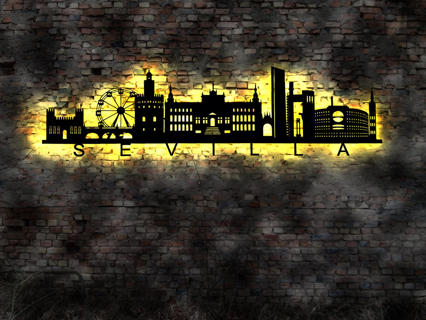 Skyline Sevilla Spain Spanien   Wandbild Holz Stadt AK Karte Map Stadtplan Wandsticker Leuchtbild Neonreklame Wandtattoo Silhouette