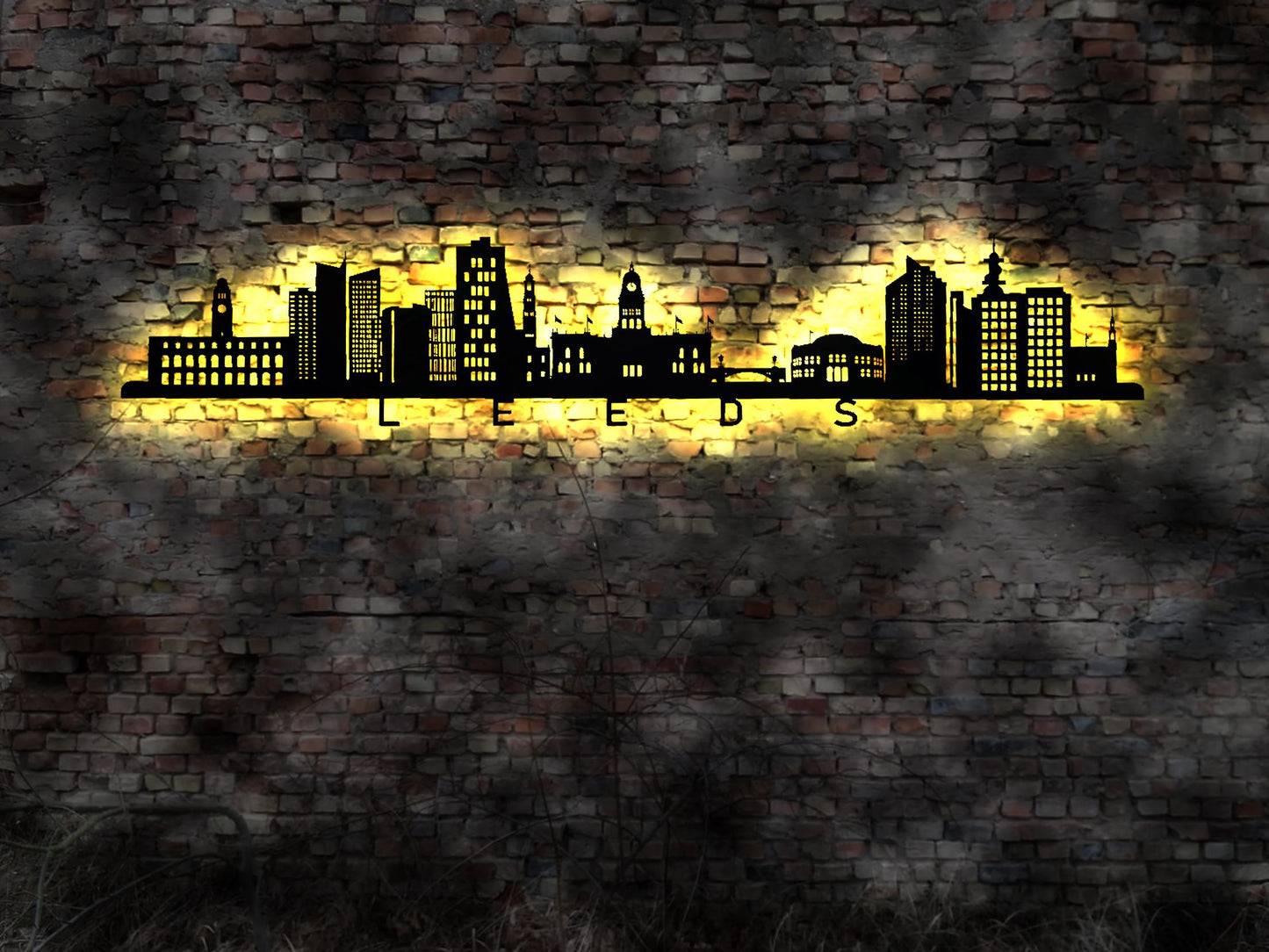 Skyline Leeds England UK  LED Wandbild Holz Stadt AK Karte Map Stadtplan Wandsticker Leuchtbild  Wandtattoo Reiseführer Silhouette