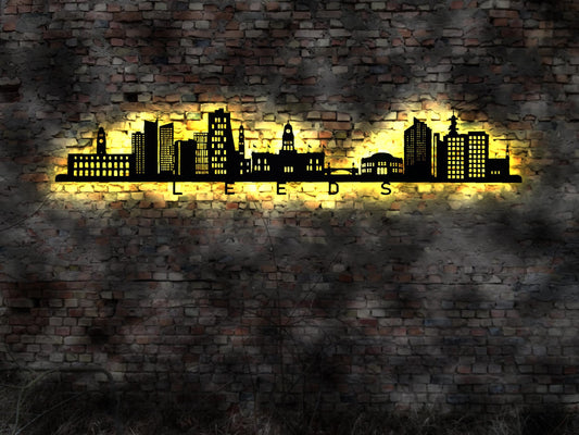 Skyline Leeds England UK  LED Wandbild Holz Stadt AK Karte Map Stadtplan Wandsticker Leuchtbild  Wandtattoo Reiseführer Silhouette