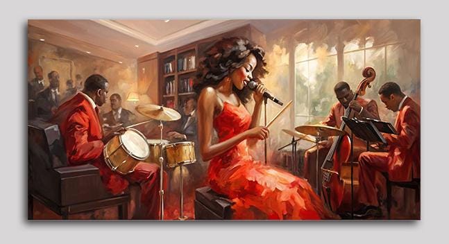 Jazz Wandkunst, Sängerin im roten Kleid mit Jazz Band Gemälde auf Leinwand gedruckt, Retro Jazz Malerei, Jazz Poster, Jazz Wanddekor