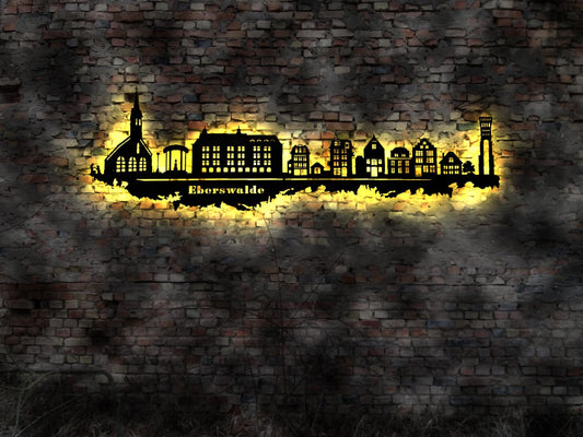 Skyline Eberswalde Brandenburg LED Wandbild Holz Stadt AK Karte Map Stadtplan Wandtattoo Reiseführer Silhouette