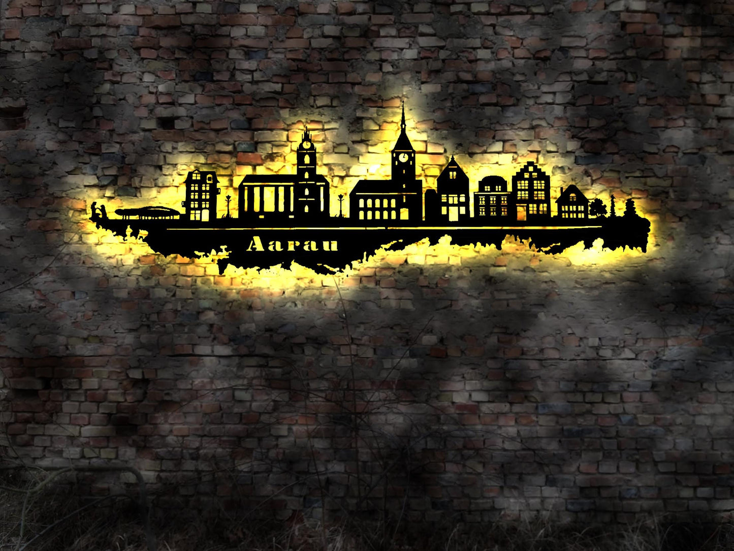 Stadt Aarau Schweiz Exklusive dekorative Wandleuchte aus gelasertem Holz mit LED-Beleuchtung Swiss