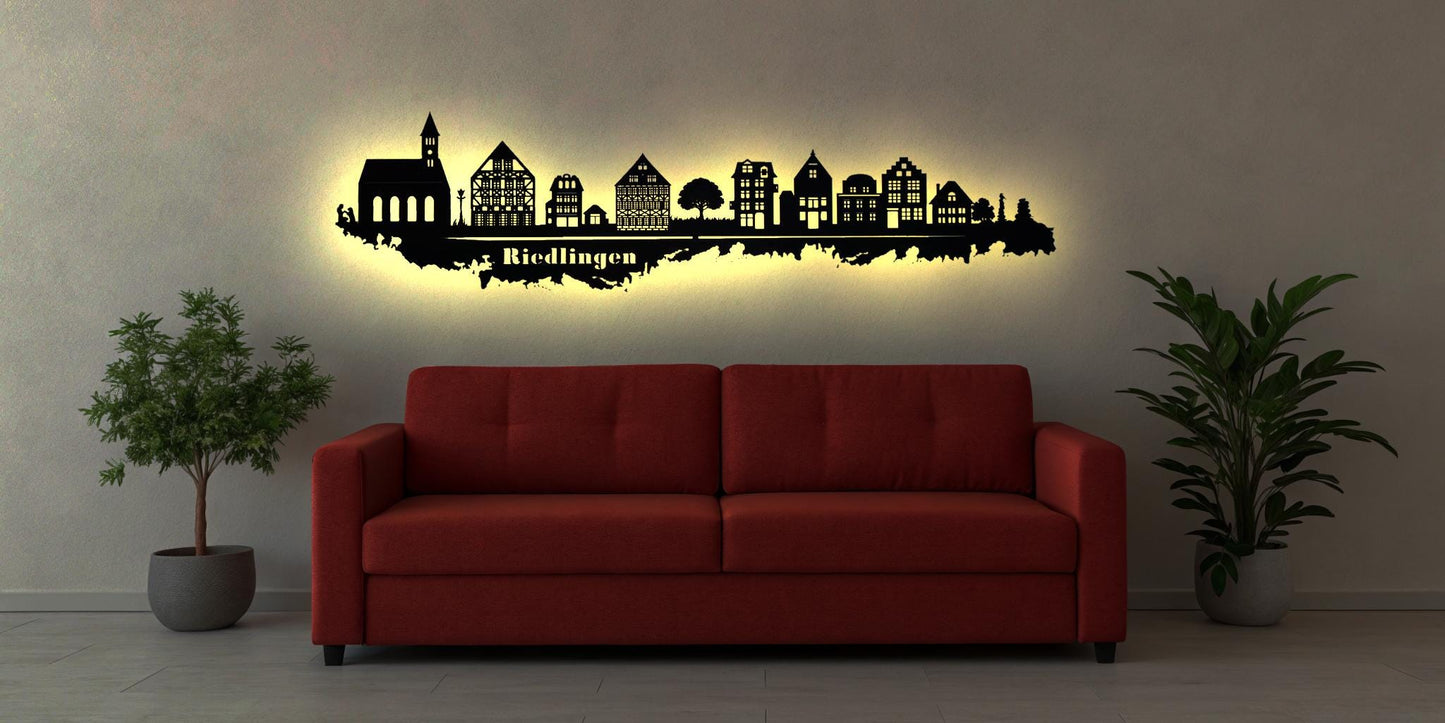 Skyline Stadt Riedlingen Baden-Württemberg LED Wandbild   Holz Stadt AK Karte Map Stadtplan Wandsticker Leuchtbild