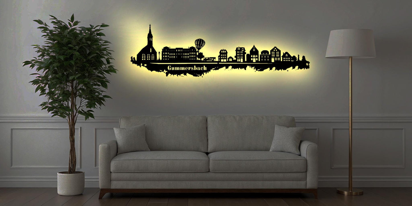Skyline Gummersbach NRW  LED Wandbild Holz Stadt AK Karte Map Stadtplan Wandsticker Leuchtbild Neonreklame Wandtattoo Reiseführer Silhouette