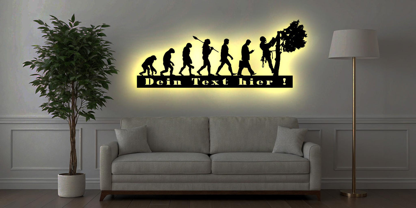 Baumkletterer Baum Pflegearbeiten Evolution beleuchtet Schild Logo Firmenschild Baumpflege Ausrüstung Shop