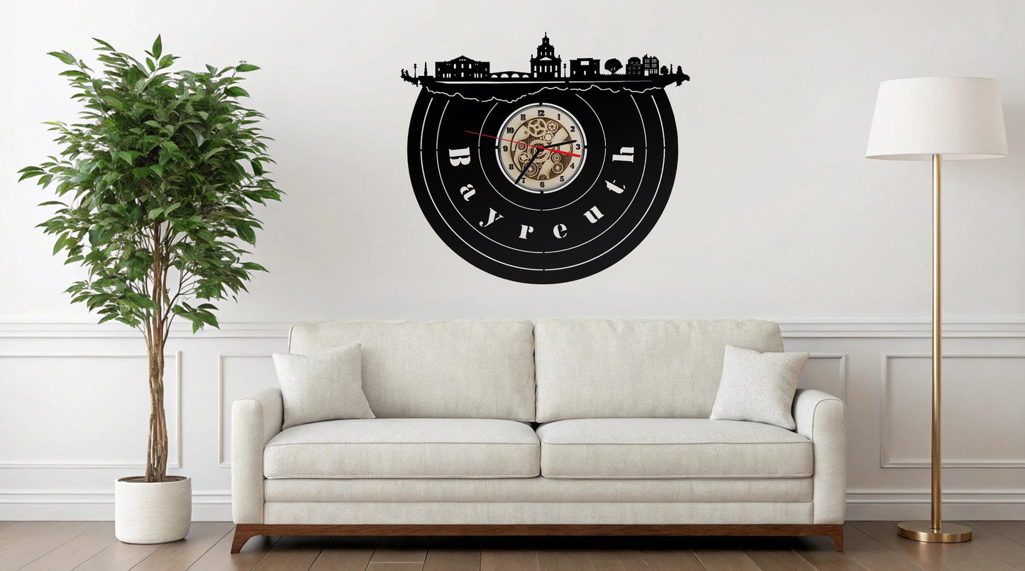 Uhr Wanduhr Skyline Bayreuth LED Wandbild Holz Stadt AK Karte Map Stadtplan Wandsticker Wandtattoo Reiseführer Silhouette
