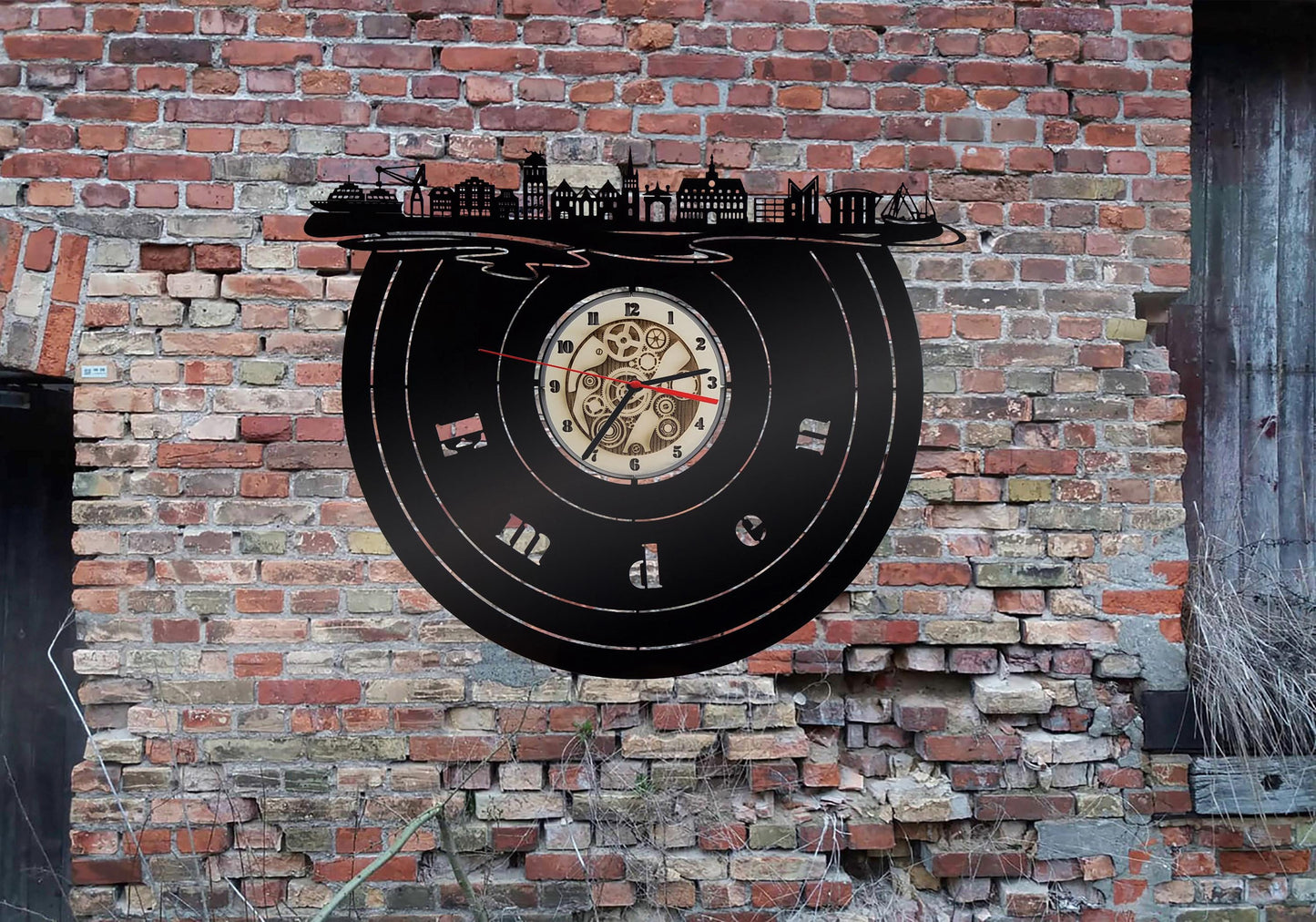 Uhr Skyline Emden Karte Schild Wandbild Holz Stadt AK Stadt ohne Tickgeräusche Wanduhren