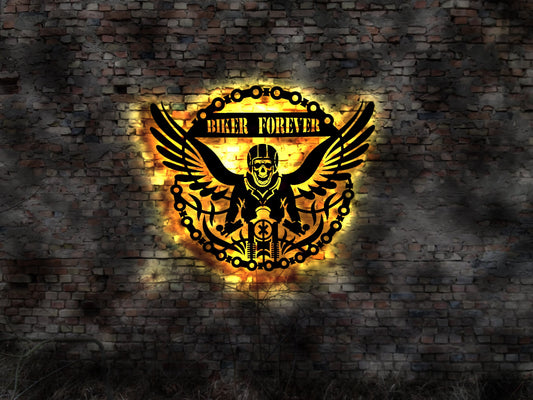 Biker Forever Logo LED Club Aufnäher Sticker Leuchtreklame Wandtattoo Helm Racer Sticker Deko Leuchtreklame LED Motorradfahrer Motorrad
