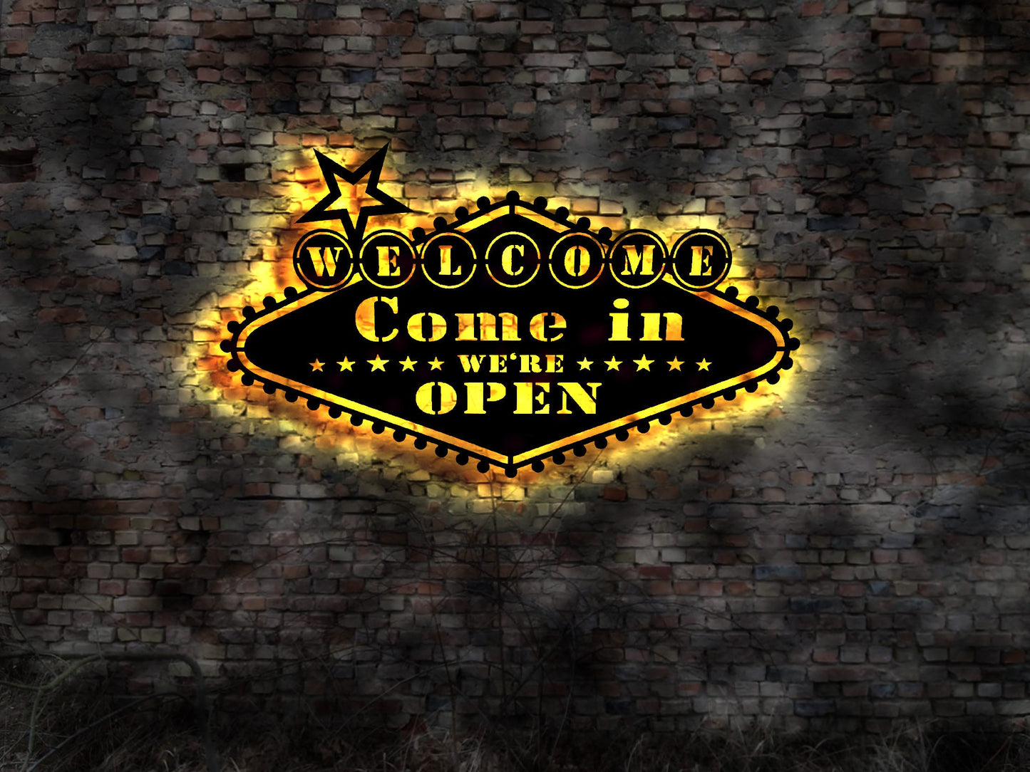 Come in we're are open Wandtattoo LED Leuchtschild Schild Deko Zeichen Bild sign Diner retro geprägt Leuchtschild Wandsticker Leuchtbild
