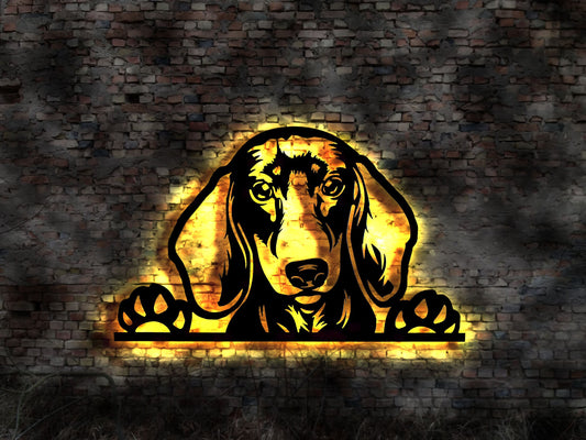 Dachshund Dackel LED Wandbild aus Holz Welpen Welpe Buch Hund Dog Zucht Züchter Geschirr Futternapf Leine Leckerlies Halsband