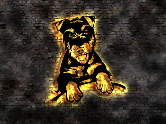 Deutscher Jagdterrier LED Wandbild aus Holz Welpen Welpe Buch Hund Dog Zucht Züchter Geschirr Futternapf Leine Leckerlies Halsband  Körbchen