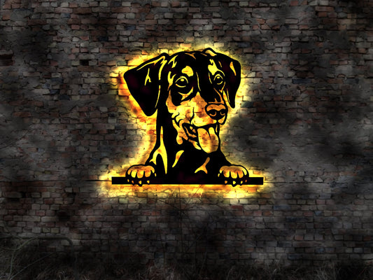 Deutscher Pinscher LED Wandbild aus Holz Welpen Welpe Buch Hund Dog Zucht Züchter Geschirr Futternapf Leine Leckerlies Halsband  Körbchen