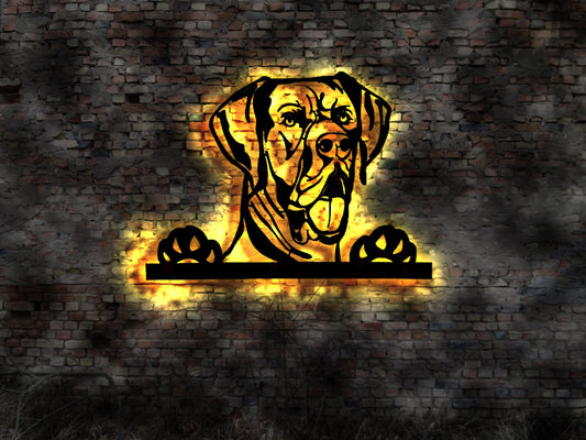 Deutsche Dogge LED Wandbild aus Holz Welpen Welpe Buch Hund Dog Zucht Züchter Geschirr Futternapf Leine Leckerlies Halsband  Security Emblem