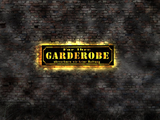 3D LED Schild Garderobe Gastro Gaststätte Bierkeller Bier Barschild Blechschild Wandbild Garderobenschild Hinweisschild keine Haftung