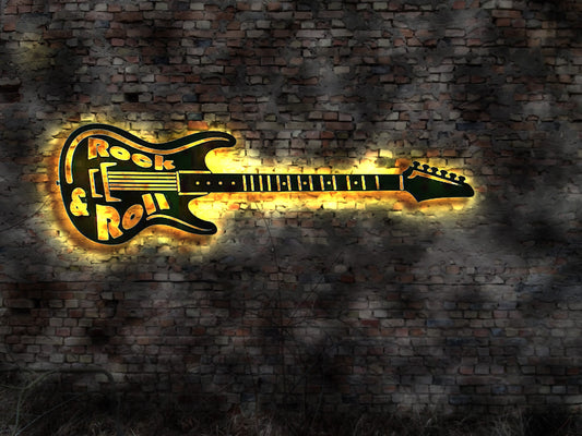 Hand Logo Rock and Roll Heavy Live Music Musik DJ Schild Gitarre LED Wandbild Neon sign Werbung Leuchtschild Bardeko  Guitar E-Gitarre