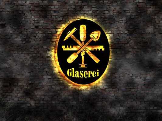 Glaser Glaserei Glas Schild Leuchtschild LED Leuchtreklame Aufkleber Logo Buch Firmenschild Leuchtschild sign Neonreklame Aufkleber Tor