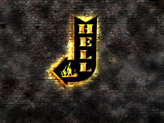 Hell Hölle Wandtattoo LED Leuchtschild Schild Deko Zeichen Bild sign Deko Neon Teufel Devil sky Himmel Vintage sign