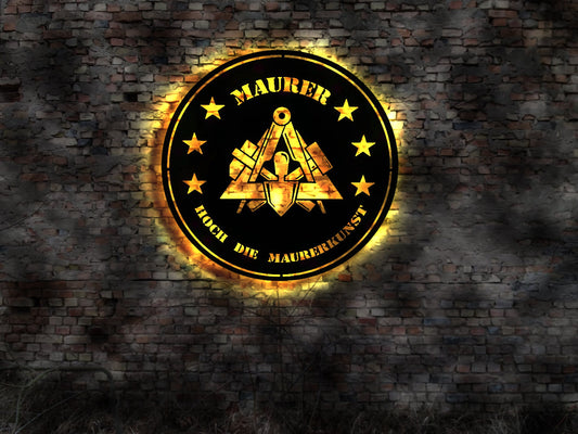 Hoch die Maurerkunst Maurer Schild Aufkleber T-shirt Kelle Schuhe Wappen Fahne r Deko Leuchtreklame LED Aufkleber Logo Buch Firmenschild