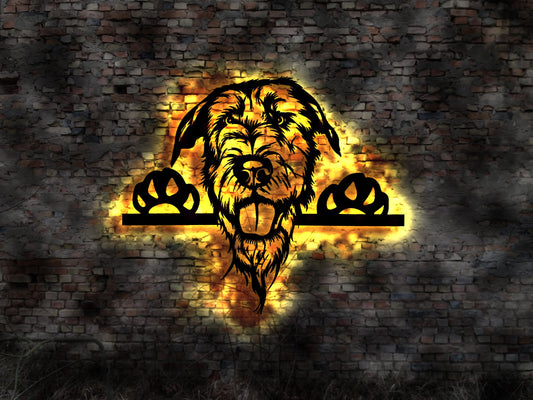 Irisher Irischer Wolfshund LED Wandbild aus Holz Welpen Welpe Buch Hund Dog Zucht Züchter Geschirr Futternapf Leine Dogstation Futter