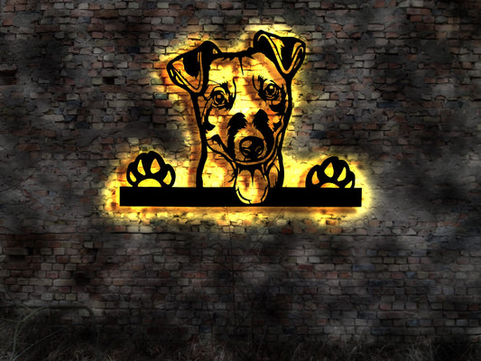Jack Russel LED Wandbild aus Holz Welpen Welpe Buch Hund Dog Zucht Züchter Geschirr Futternapf Leine Plüschtier Halsband