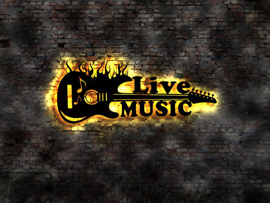 Hand Logo Rock and Roll Heavy Live Music Musik DJ Schild Gitarre LED Wandbild Neon sign Werbung Leuchtschild Bardeko BarSchild Bar