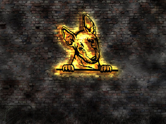 Mini Bullterrier Terrier Bull LED Wandbild aus Holz Welpen Welpe Buch Hund Dog Zucht Züchter Führleine Plüschtier Skulptur Spielzeug
