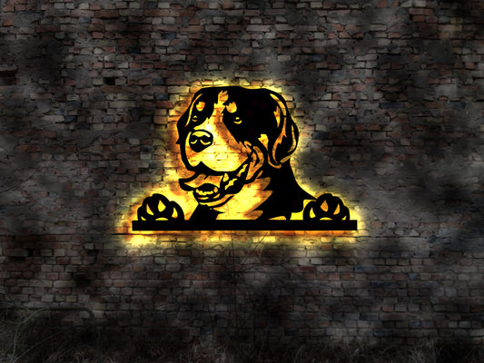 Grosser Großer Schweizer Sennenhund LED Wandbild aus Holz Welpen Welpe Buch Hund Dog Zucht Züchter Führleine Plüschtier Skulptur Spielzeug
