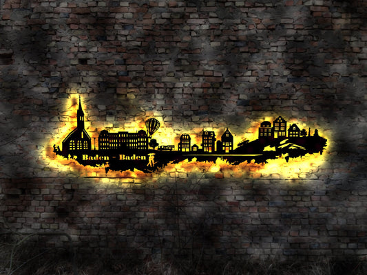 Skyline Baden Baden LED Wandbild Holz Stadt AK Karte Map Stadtplan Wandsticker Leuchtbild Neonreklame Wandtattoo Reiseführer Silhouette