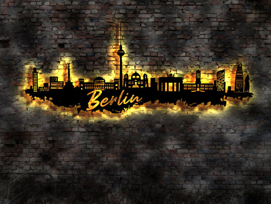 Skyline Berlin  LED Wandbild Holz Stadt AK Karte Map Stadtplan Wandsticker Leuchtbild Neonreklame Wandtattoo Reiseführer Silhouette
