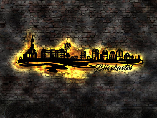 Skyline Blieskastel LED Wandbild Holz Stadt AK Karte Map Stadtplan Wandsticker Leuchtbild Neonreklame Wandtattoo Reiseführer Silhouette