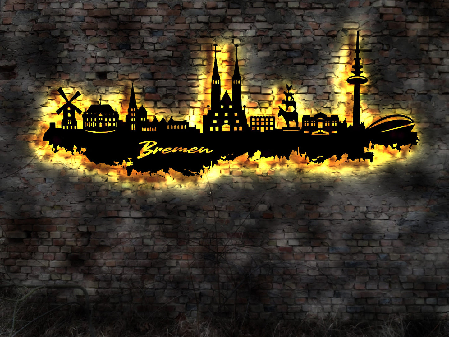 Skyline Bremen Hansestadt Wandbild Holz Stadt AK Karte Map Stadtplan Wandsticker Leuchtbild Neonreklame Wandtattoo Reiseführer Silhouette