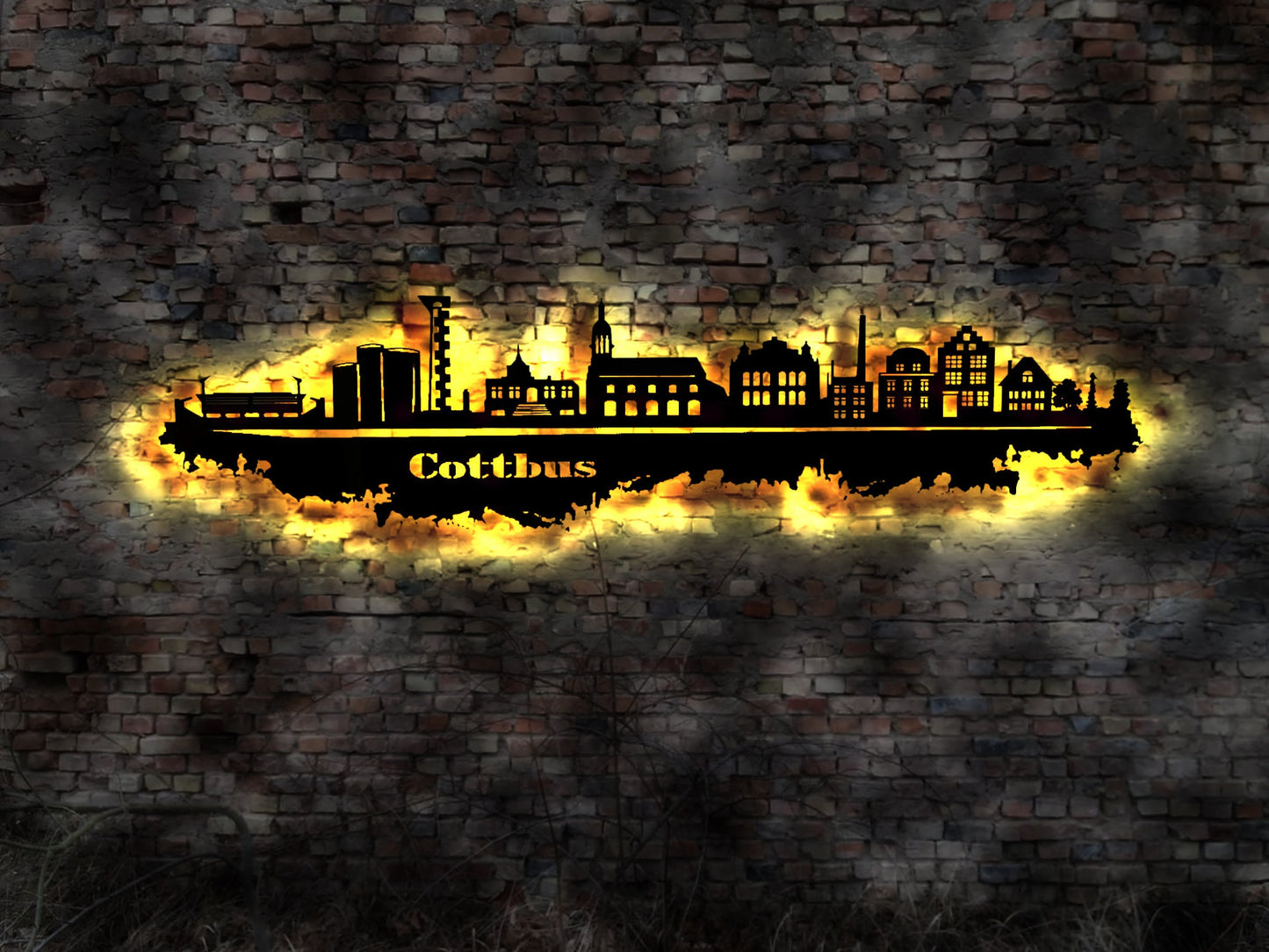 Skyline Cottbus  LED Wandbild Holz Stadt AK Karte Map Stadtplan Wandsticker Leuchtbild Neonreklame Wandtattoo Reiseführer Silhouette